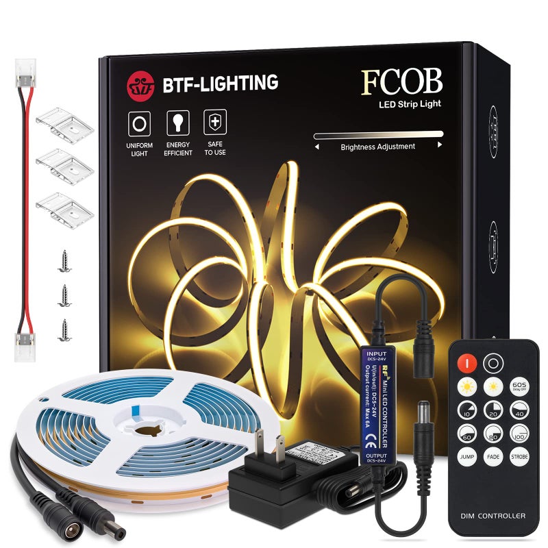 BTF-LIGHTING COB LED Strip Light 24V 16.4FT, 3000K Warm White Dimmable High Density Flexible Tape Light with Remote & Power Adapter, Ultra Bright CRI90+ for Bedroom Kitchen Home Indoor Lighting - Image 1